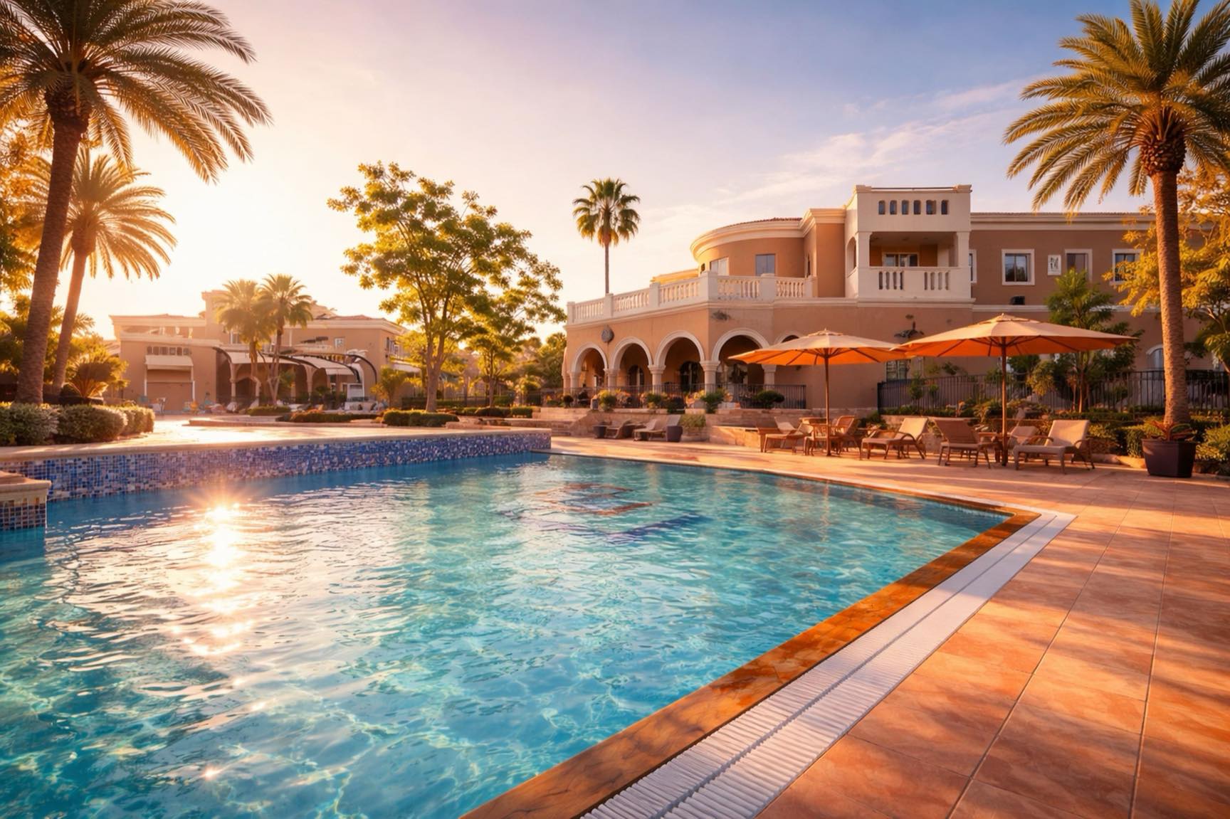 The pool and villas at Al Sharq Village at sunset